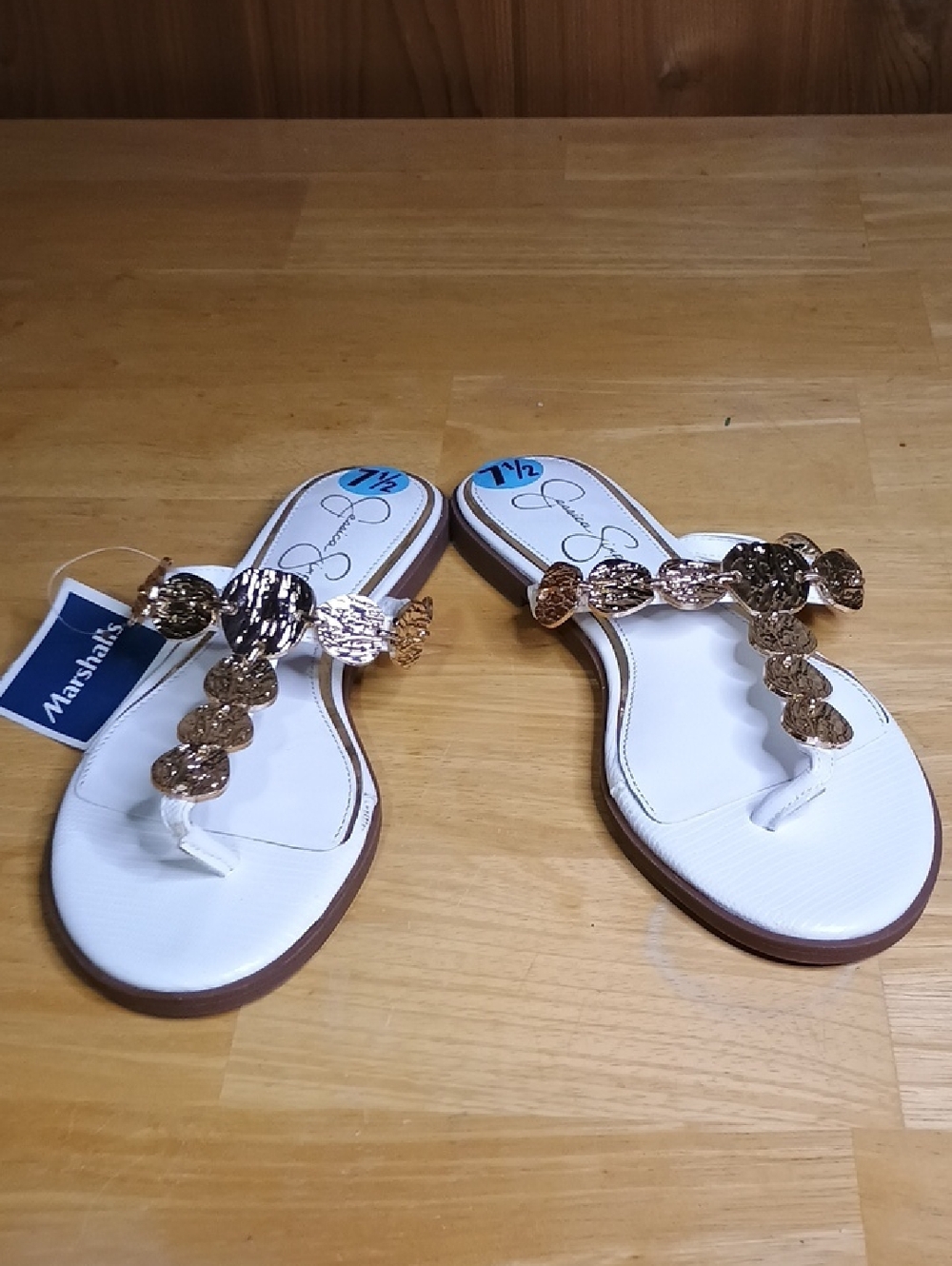 Jessica Simpson White Thong Sandals with Gold Disc Accents